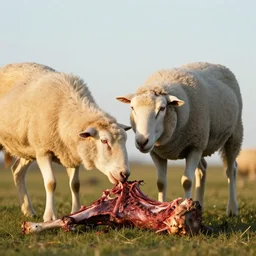 sheep eating, a wolf carcass, wolf carcass, national geographics, golden hour, beautiful, 6 0 0 mm