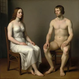 a woman sitting on a chair next to a man, a renaissance painting by Gregory Crewdson, flickr contest winner, feminist art, dystopian art, genderless