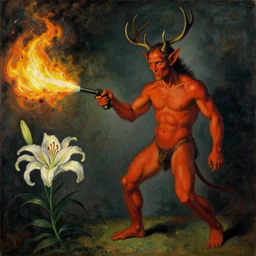 devil with antlers burning with a flamethrower the lily. painting by mikalojus konstantinas ciurlionis, bosch, wayne barlowe, agnes pelton, rene magritte