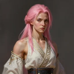 painted portrait of rugged female weightlifter [ zarya ], pink hair, upper body, robe fantasy intricate elegant highly detailed digital painting, artstation, concept art, smooth, atmospheric lighting sharp focus illustration art by craig mullins greg rutkowski