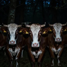 DLSR photograph of several cows looking at the camera, in creepy forest, night-time, low lighting, eyes glinting