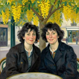 portrait of two happy middle aged italian women with black hair and green eyes sit under a laburnum tree outside a parisian cafe painted by emile friant