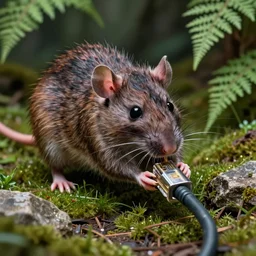photo, huge scary mutant monster rat chewing! thick internet cable!! in the ferns, grass and rocks, highly detailed, intricate details, volumetric lighting, close up
