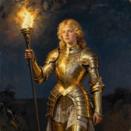 Painting of a blonde girl in golden armor holding a torch at night, in the style of Edmund Leighton