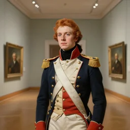 museum painting, wide - shot, photo of young yves saint - laurent in the age of 2 1, light red hair!!! gathered in ponytail!!, dressed in 1 8 th century uniform of russian empire, sharp focus, highly detailed, digital art, oil painting, masterpiece, artgerm, kiprensky, rutkowski
