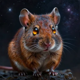portrait painting of a rodent with amber glowing eyes, background is a star filled galaxy unreal render cinematic lighting art by bussiere rutkowski andreas rocha