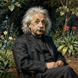 albert einstein sitting in a garden art by hans holbein