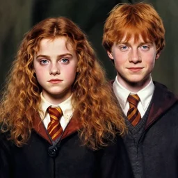 a portrait of half hermione granger half ronald weasley, illustration by billy butcher and norman rockwell, featured on arstation, realistic, cinematic lighting.