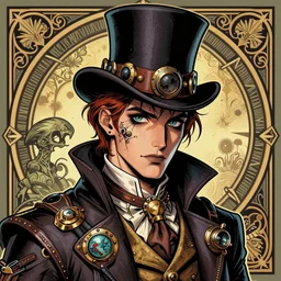 a detailed portrait illustration of a steampunk magus. beautiful androgynous face. top hat. art nouveau, pop art, comic book style. influenced by neil gaiman, h. p. lovecraft, dan mumford, brian froud, vadim voitekhovitch, killian eng, ross tran, android jones.