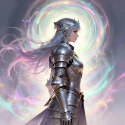 side profile, female unholy paladin, intricate metal armor, gloomhaven, luminescent, colorful swirly magic ripples, pastel colors, by greg manchess, huang guangjian, gil elvgren, sachin teng, greg rutkowski, jesper ejsing, ilya kuvshinov