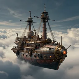 cinematic shot a steam punk ship flying in the clouds, hyper realistic, mood lighting, fantasy, detailed face, highly detailed, super realistic, perfect lighting