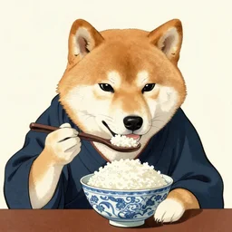 comic book artwork of a shiba inu samurai eating a bowl of rice by Utagawa Kuniyoshi