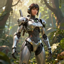 a highly detailed image of a mecha girl in the jungle by frank frazetta and glenn fabry, octane render, the golden hour