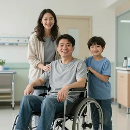 a male patient in a wheelchair in the hospital with his wife and son standing by. happy, cheerful, intricate, sharp focus, artstation, cinematic, 8 k, by helen bouchard