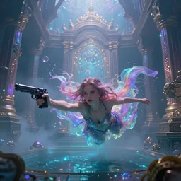 Jill Valentine with pistol swimming in chromatic SPIRITS in misty mysterious astral temple, beautiful, dmt, trending on artstation, omnious, soft, REALISTIC