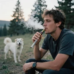 man smoking glass pipe at cottonwood campground with white dog in background
