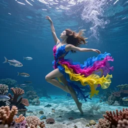 beautiful modern woman dancing underwater wearing a flowing dress made of blue, magenta, and yellow seaweed, delicate coral sea bottom, swirling silver fish, swirling smoke shapes, octane render, caustics lighting from above, cinematic