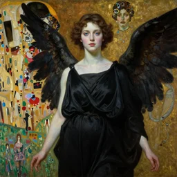 highly detailed oil painting | very intricate | cinematic lighting | award - winning | the beautiful angel of saturn wearing a black toga, pale skin, bkue eyes | by roberto ferri, by tom bagshaw, by j. c. leyendecker and klimt, beautiful cinematic light, american romanticism, by austin osman spare, artstation, cgsociety, official art, octane