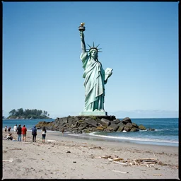 cinestill 5 0 d of statue of liberty washed ashore on an island in the pacific, debris on the beach, people watching