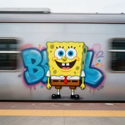 a picture of a graffiti of spongebob on a train, go pro photography, 4 k, motion blur