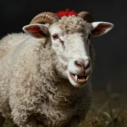 A sheep with red whool an pointy vampire teeth by Annie Swynnerton and Nicholas Roerich and jean delville, strong dramatic cinematic lighting, smooth, sharp focus, extremely detailed