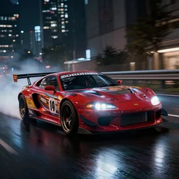 tokyo drift fast and furious film still, racing on wet city street at night, hyper detailed, forza, smooth, need for speed, high contrast, volumetric lighting, octane, george miller, jim lee, vibrant rich deep color, comic book, ridley scott