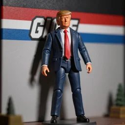 Donald Trump as a G.I. Joe action figure, hyper realistic, photograph, tilt shift, 65mm, sharp focus
