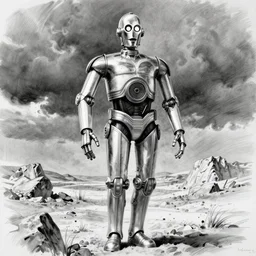 full body black and white pencil sketch of muscular C3PO