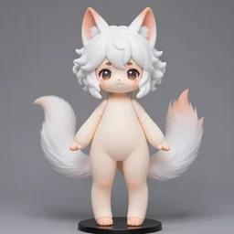 full body cute adorable young anime kitsune with white curly hair, style of neytrix, lifesize doll, creepy