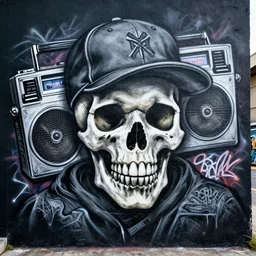 a spraypainted dark 8 0 s mural of a skull wearing a baseball cap with a boombox, in the style of hiphop, intricate, high detail, artstation, dark color scheme