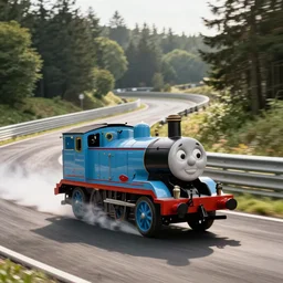 Thomas the Tank Engine, as a sports car, at the Nurburgring Nordschleife setting a hot lap