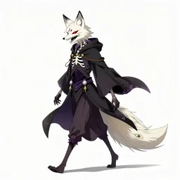 an anime cover about an undead toxic biohazard fox like wizard with skeletal jaws, a lovely albino peacock tail, walking through foggy city under starry skies, spooky, halloween decorations, fireflies, anime, peaceful, street view, grainy, neon green, black, vhs, art by yuji ikehata