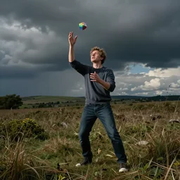 photograph of James Acaster jugging rubiks cubes