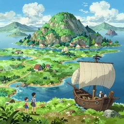 Landscape of Pirates island and a pirate boat, vivid color, by Makoto Shinkai and James gilleard Eiichirō Oda, Thomas kinkade