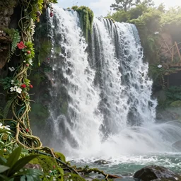 waterfall flowing with vines and flowers by greg rutkowski, high key lighting, volumetric light, digital art, detailed, intricate, ornate, octane render, unreal engine, photorealistic
