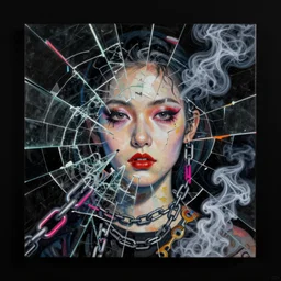 nymphomaniac from japan, mixed media collage, assemblage, photomontage, minimalist, contemporary art, punk art, photorealistic, portrait, expressionism, masterpiece, dynamic composition, spectacular quality, intricate oil details, shattered glass texture, neon, chains, smoke, solid black background, contrasted, harmonic colors