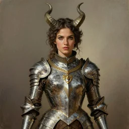 a beautiful woman with horns and armor, victorian armor, adriana lima. by rembrandt 1 6 6 7, illustration, by konstantin razumov