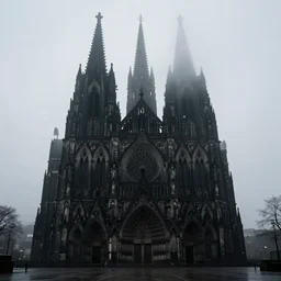 dark ominous black large cathedral in the fog from the distance detailed, 8 k