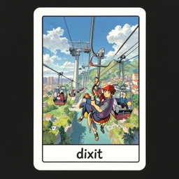 dixit card, by shaun tan, by nohisa inoue, characters, vertigo, action photography, sky gondola, grapplehook, dreamy, amazing composition, colorful, vanishing point, optical illusion, illustration, gloomy, vignette