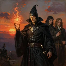 portrait attractive man warlock, sunset, spell casting, painting by bastien lecouffe - deharme, vladimir volegov, j. c. leyendecker, tom of finland, trending on artstation