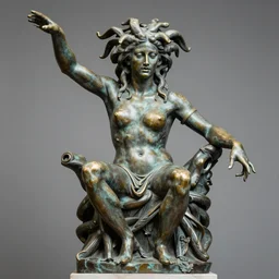 bronze sculpture of medusa, in the style of michelangelo, very long hair, full body, professional photography, imposing