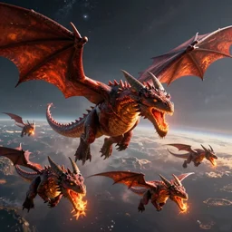 Photo of a herd of fire breathing dragons planet hopping through the galaxy, HD, Awe Inspiring, Beautiful, digital art