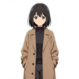 A cute anime girl wearing a stylish long coat by Range Murata, medium length Dutch bob cut hair with straight bangs, dark eyes, freckles, black and white charcoal sketch, Huke, krenz cushart, trending on artstation