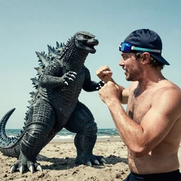 a Caucasian man with swimming goggles and cap, fighting Godzilla
