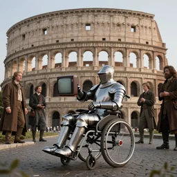 knight in armor in a wheelchair do tricks & watch old tv, rome, highly detailed, soft lighting, elegant, by edward hopper and james gillard, zdislaw beksinski, stephen outram, andreas m wiese, carl spitzweg, highly detailed, masterpiece, unreal 6, 8 k