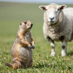 prairie dog staring at a sheep in the english countryside