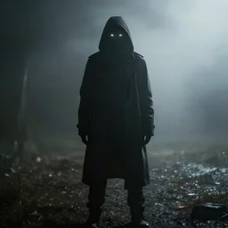 shadow figure glowing eyes wearing duster, misty atmospheric ominous perspective