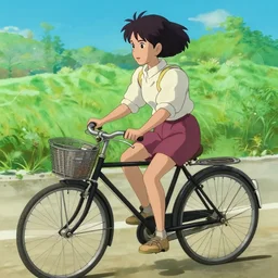girl black hair tail dark skin with old bicycle by Hayao Miyasaki trending on artstation