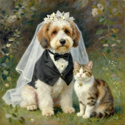 a dog bridegroom with cat bride in the style of renoir