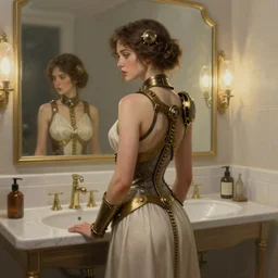 woman model, steampunk!!! and modern, neutral colors, in a bathroom, backlit, elegant, highly detailed, digital painting, artstation, concept art, smooth, sharp focus, illustration, art by krenz cushart and artem demura and alphonse mucha